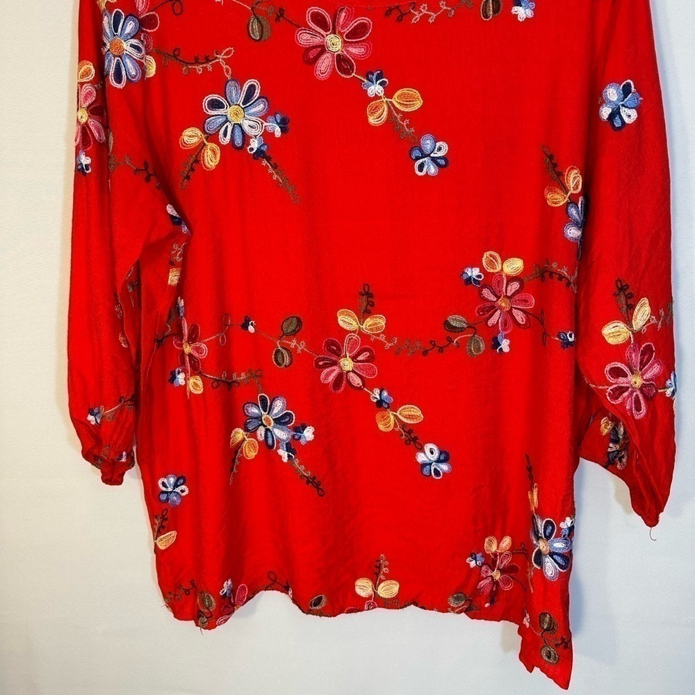 Ann & Rose Boho Embroidered Red Floral 3/4 Puff Sleeve Tunic Top Blouse Size 1X - Picture 9 of 10